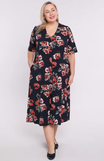 Tmavo modré šaty s kvetinovým výstrihom do V
