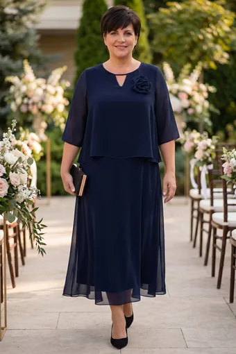 Elegantné tmavomodré šaty s ozdobou